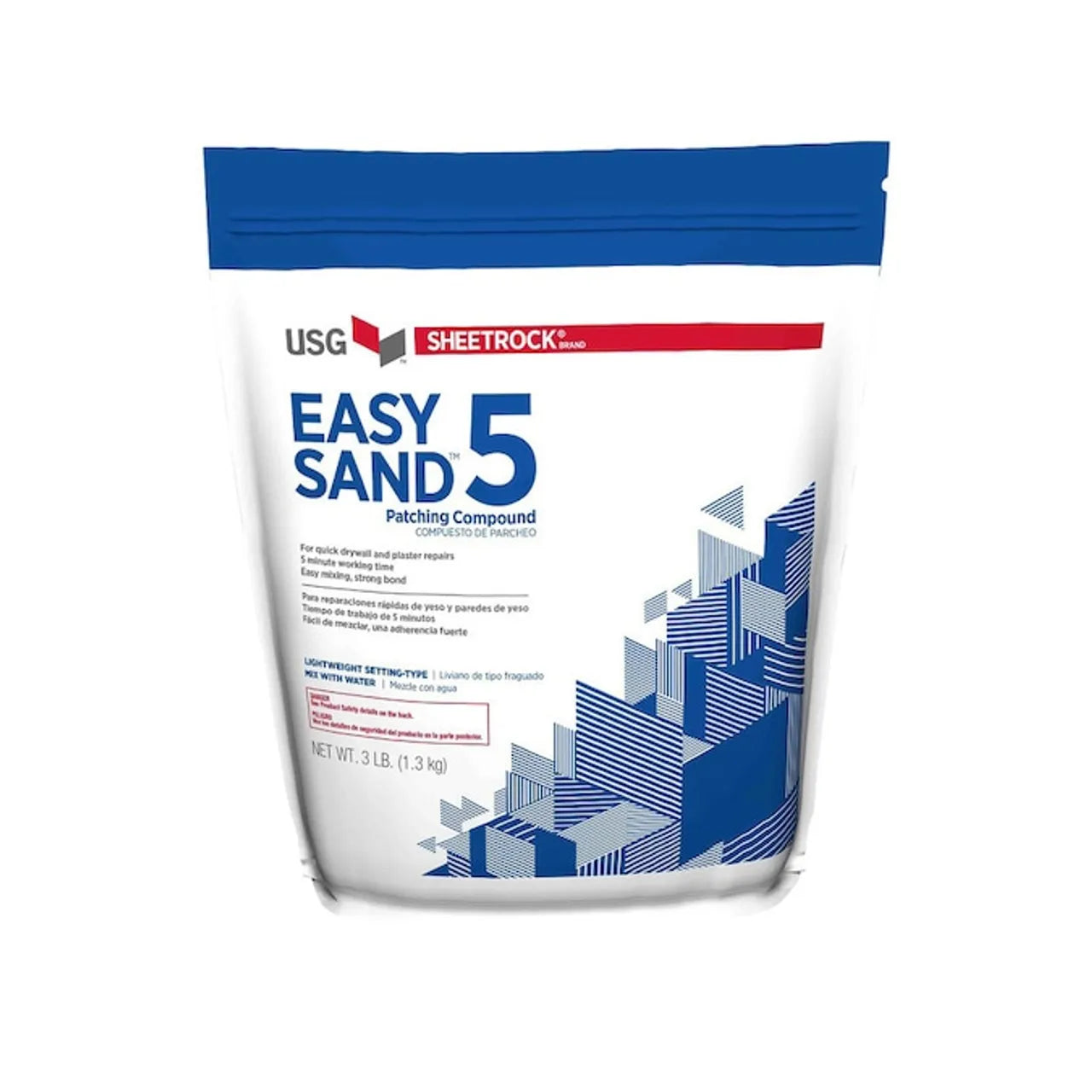 A white and blue 3 lb. Easy Sand 5 Joint Compound bag by Go Build, The Fastest Way To Build, features geometric blue patterns, product details, a blue resealable top, and is a setting-type joint compound for gypsum panels.